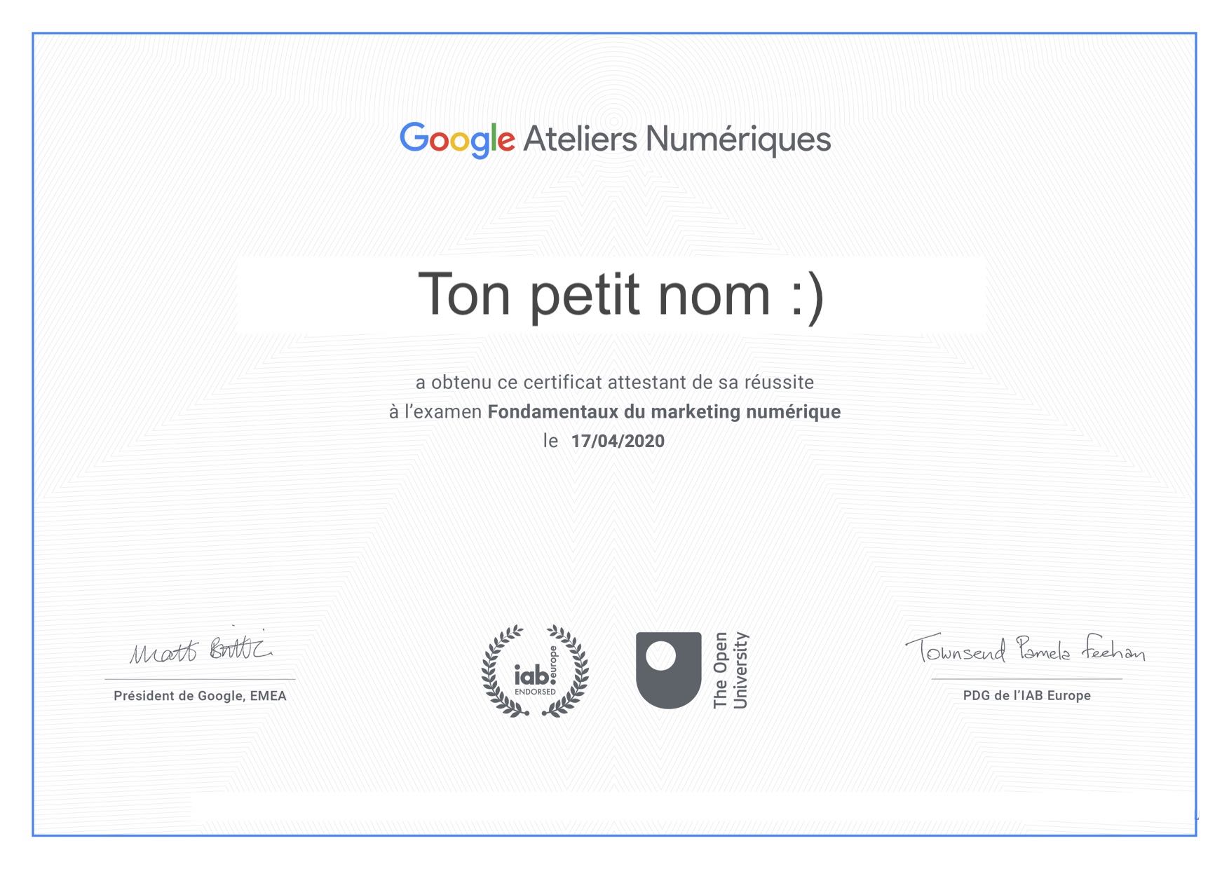 Certification Google Ateliers Numériques